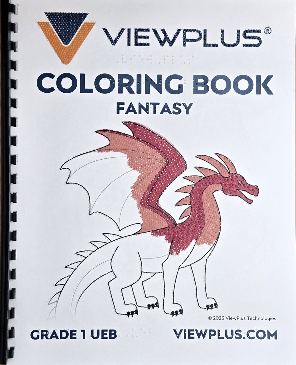 Cover of the ViewPlus tactile coloring book Fantasy: a dragon with raised lines, partly colored red, and the title in print and braille