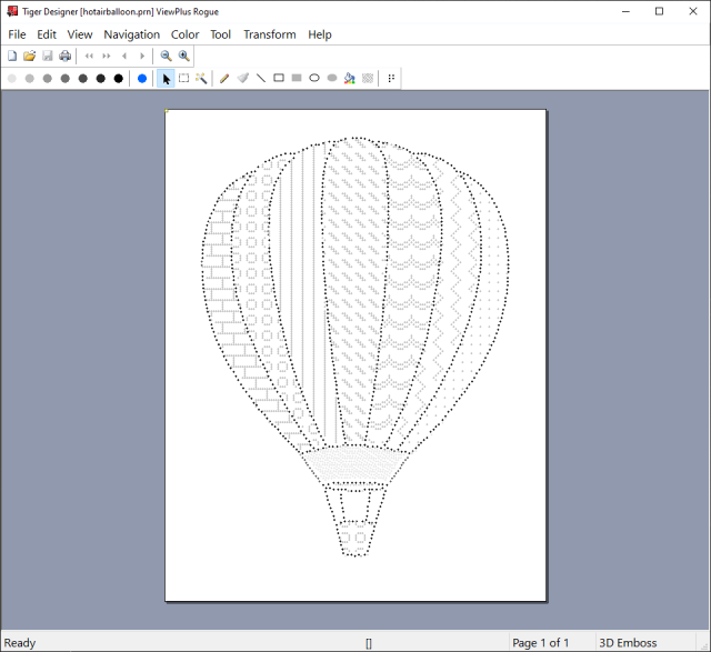 Skærmbillede af Tiger Designer med en taktil tegning af en luftballon, tegnet med punkter og forskellige mønstre
