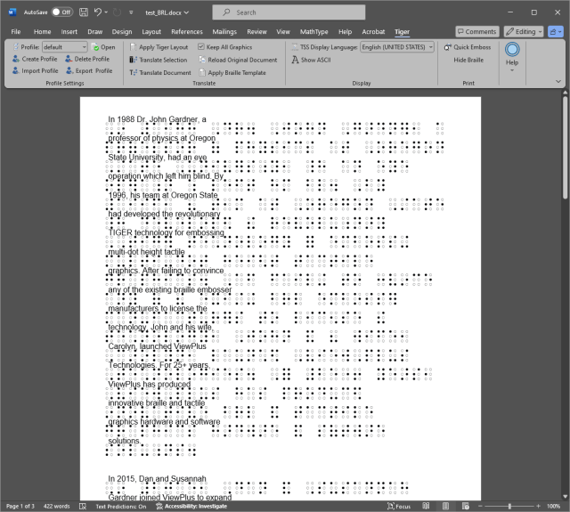 Skærmbillede af Microsoft Word med fanen Tiger. Teksten står både i almindelig skrift og i punktskrift, linje for linje